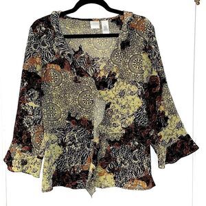 Emma James ruffle earth tone print button front bracelet sleeve blouse 12 EUC